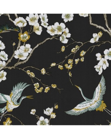 Papier peint intissé oiseaux Japonais noir vert 1005x52cm