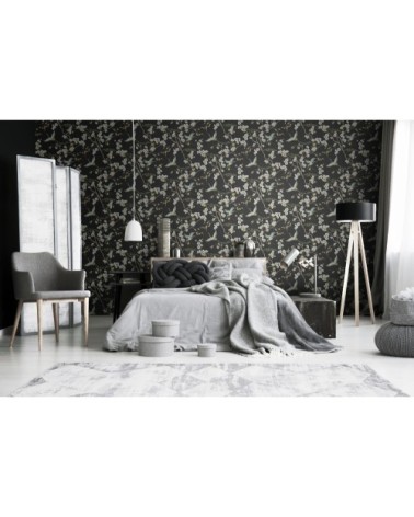 Papier peint intissé oiseaux Japonais noir vert 1005x52cm