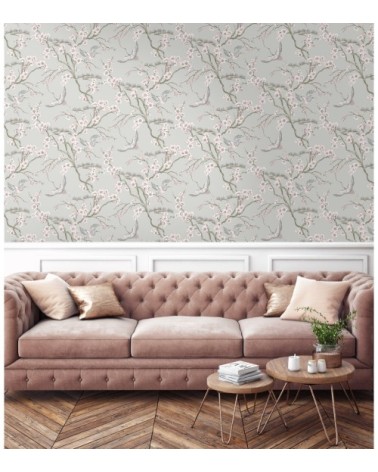 Papier peint intissé oiseaux Japonais gris rose 1005x52cm