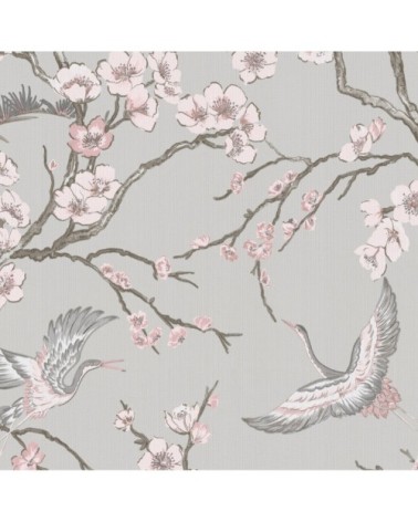 Papier peint intissé oiseaux Japonais gris rose 1005x52cm