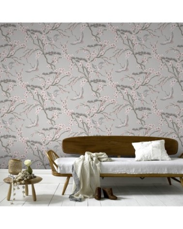 Papier peint intissé oiseaux Japonais gris rose 1005x52cm