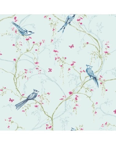 Papier peint intissé rossignol vinyle bleu rose 1005x52cm