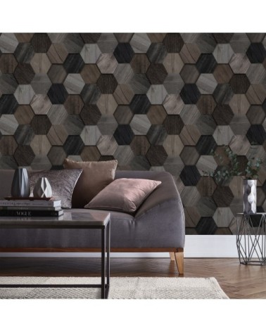 Papier peint intissé hexagone en bois gris 1005x52cm