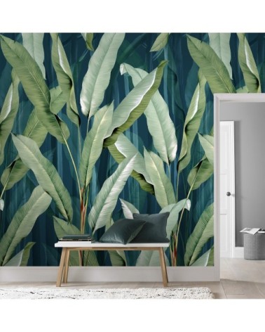 Papier peint panoramique feuilles été vert bleu 280x200cm