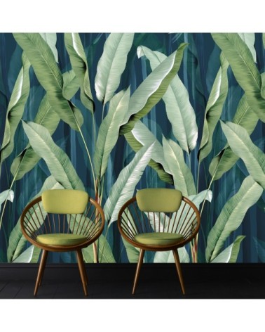 Papier peint panoramique feuilles été vert bleu 280x200cm