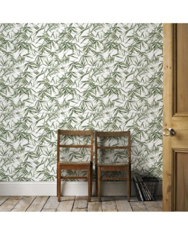 Papier peint intissé feuilles de bambou vert blanc 1005x52cm