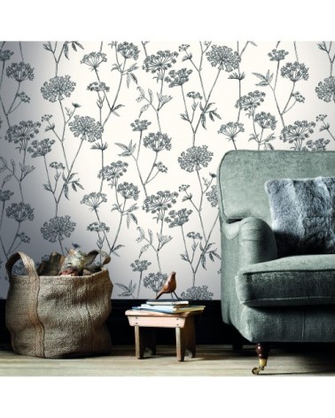 Papier peint intissé fleuri gravure noir écru 1000x53cm