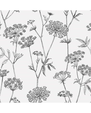 Papier peint intissé fleuri gravure noir écru 1000x53cm