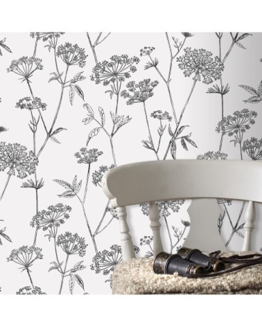 Papier peint intissé fleuri gravure noir écru 1000x53cm