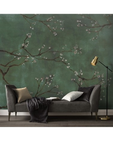Papier peint panoramique intissé cerisiers Japonais vert 300x280cm