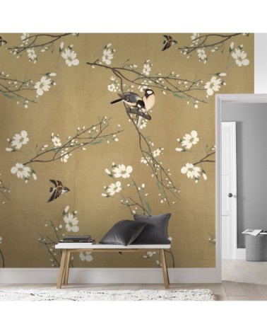 Papier peint panoramique printemps Japonais beige jaune 280x200cm