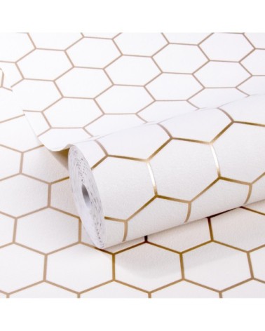 Papier peint intissé hexagone geo blanc cuivre or 1005x52cm