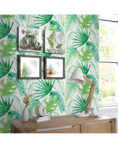 Papier peint intissé jungle fever grainé blanc vert 1005x52cm