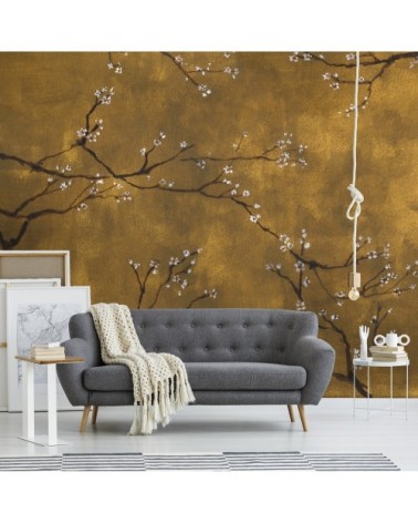 Papier peint panoramique intissé cerisiers Japonais or 300x280cm
