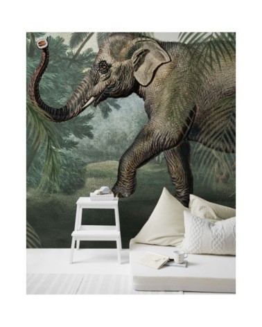 Papier peint panoramique éléphant vert marron 280x200cm