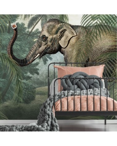 Papier peint panoramique éléphant vert marron 280x200cm