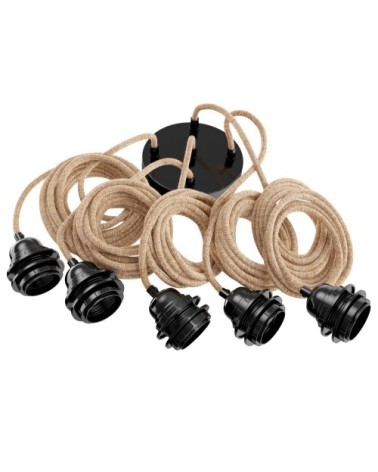 Suspension 5 fils électriques en tissu ficelle 3,5m douille noire