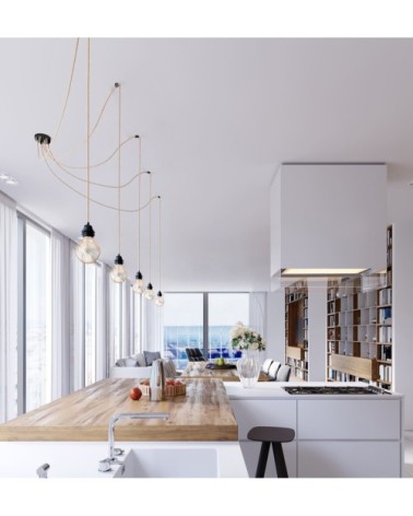 Suspension 5 fils électriques en tissu ficelle 3,5m douille noire