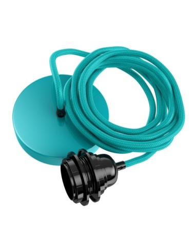 Suspension 1 fil électrique en tissu turquoise 2,5m douille noire