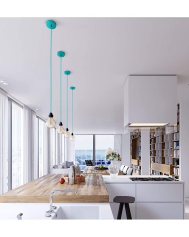 Suspension 1 fil électrique en tissu turquoise 2,5m douille noire