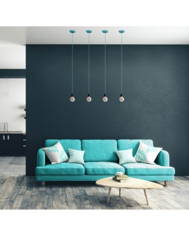 Suspension 1 fil électrique en tissu turquoise 2,5m douille noire