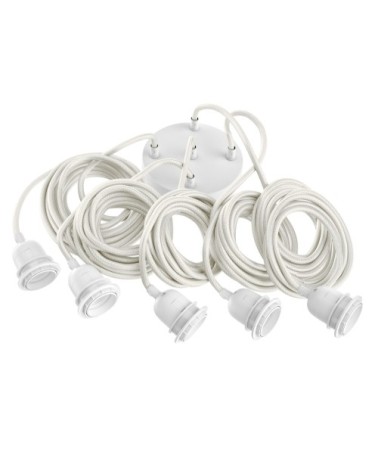Suspension 5 fils électriques en tissu blanc 3,5m douille blanche