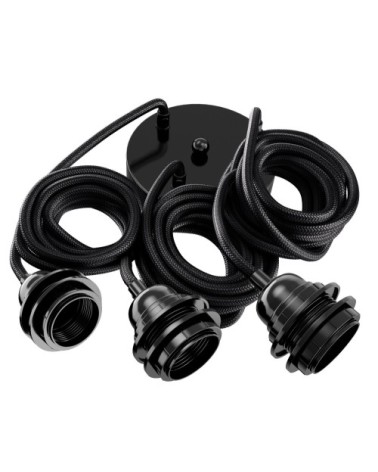 Suspension 3 fils électriques en tissu noir 2,5m douille noire