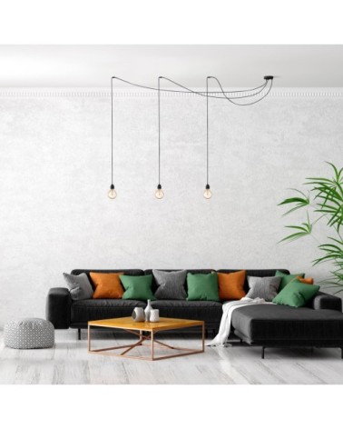 Suspension 3 fils électriques en tissu noir 2,5m douille noire