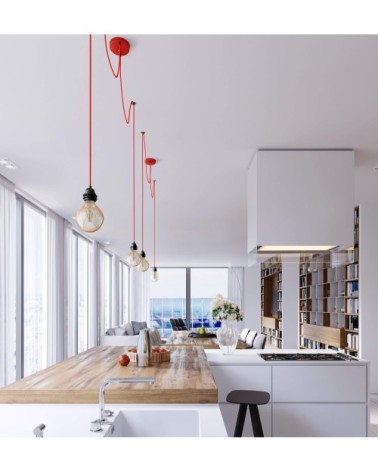 Suspension 2 fils électriques en tissu rouge 2,5m douille noire