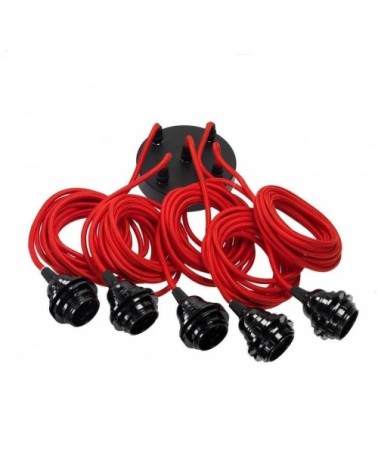 Suspension 5 fils électriques en tissu rouge 3,5m douille noire