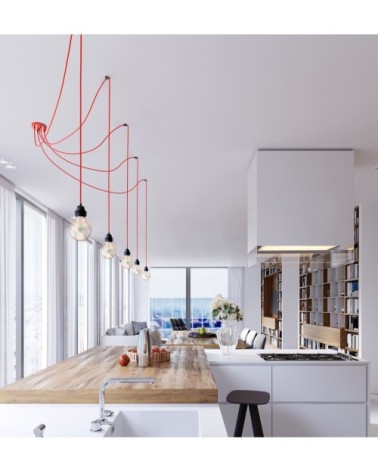 Suspension 5 fils électriques en tissu rouge 3,5m douille noire