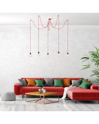 Suspension 5 fils électriques en tissu rouge 3,5m douille noire