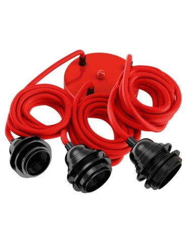 Suspension 3 fils électriques en tissu rouge 2,5m douille noire