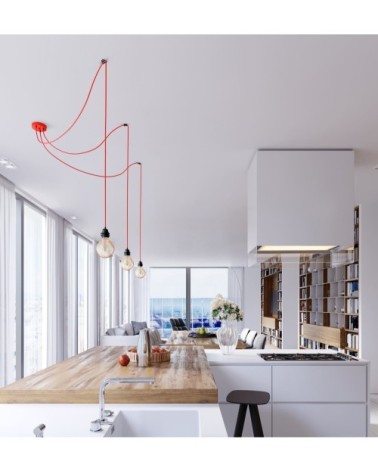 Suspension 3 fils électriques en tissu rouge 2,5m douille noire