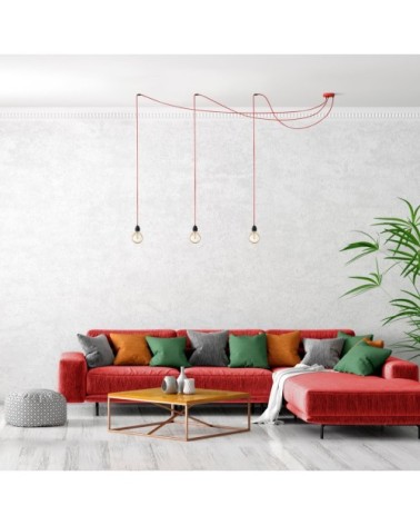 Suspension 3 fils électriques en tissu rouge 2,5m douille noire