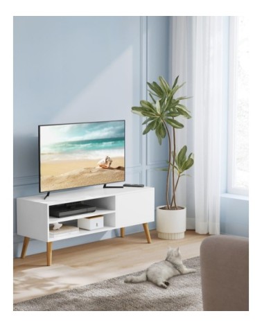 Meuble TV 120 cm avec placard et 2 étagères effet bois blanc